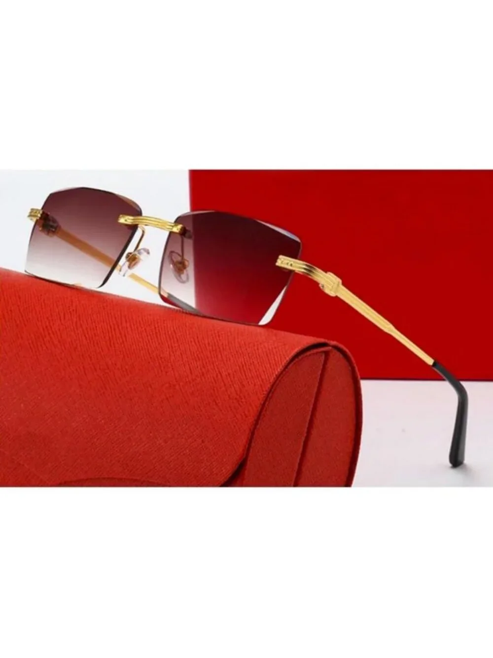 Trendy Retro 90's Rimless Square Sunglasses - Gold Frame, Brown Gradient Tint